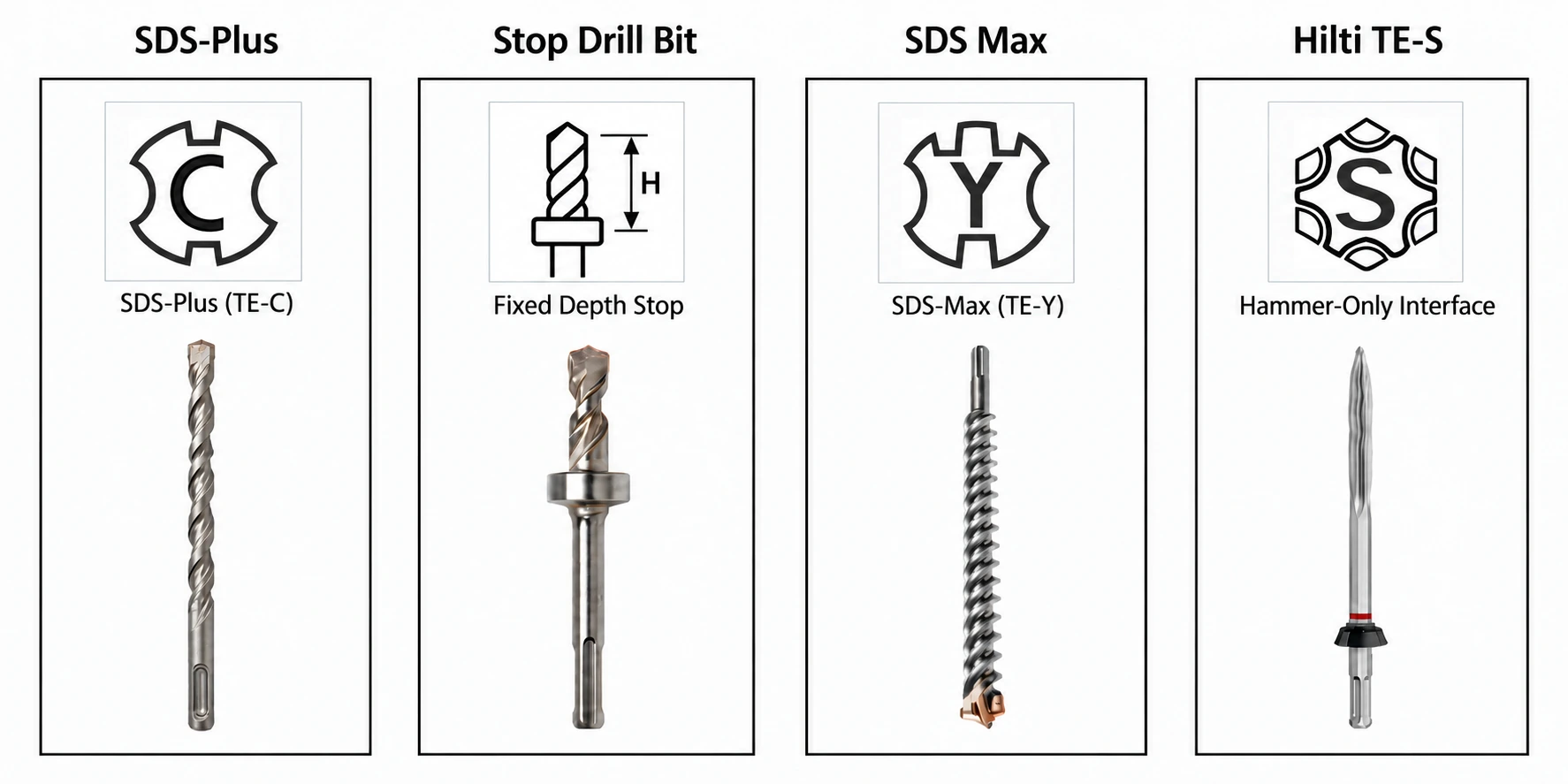 Queues SDS : SDS-Plus, SDS-Max, acier et forets à butée