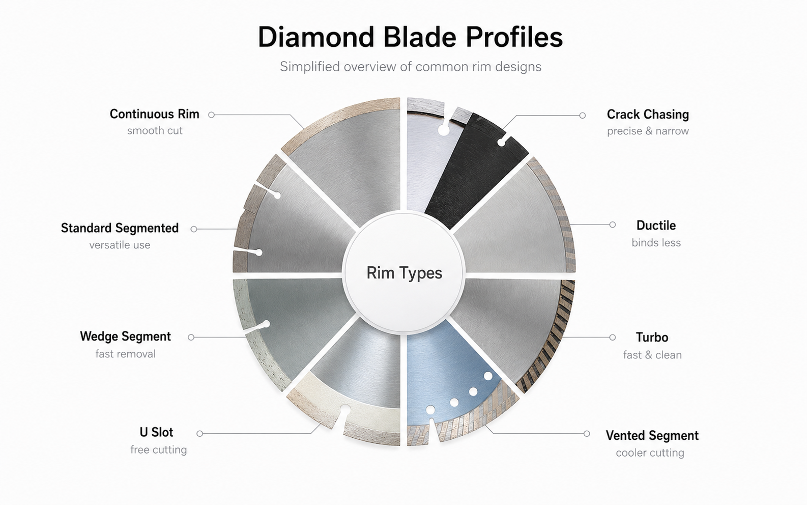 Illustrated overview of diamond blade rim profiles, segmented constructions and application profiles