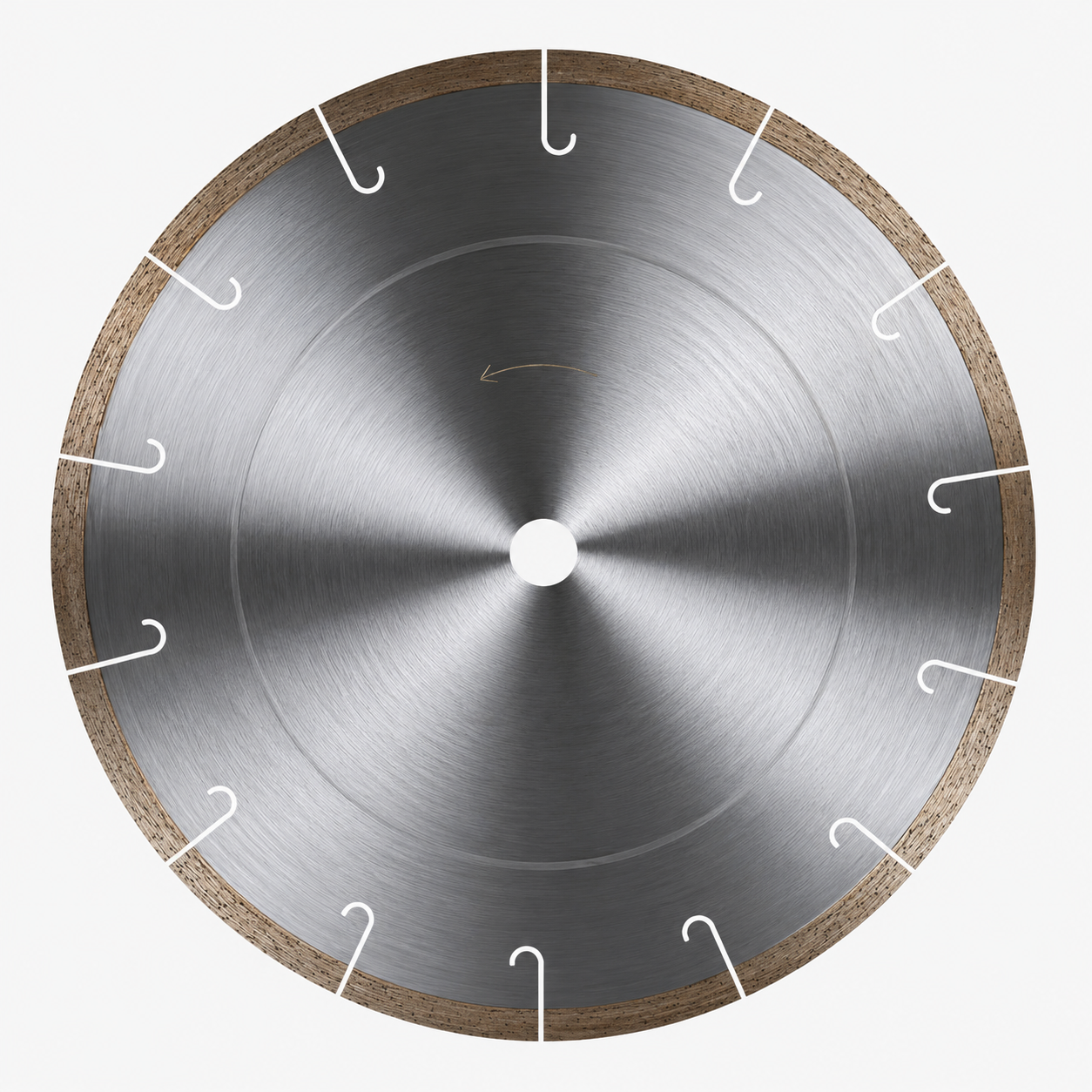 Diamond saw blade with repeated J-shaped gullets and a rotation-direction arrow