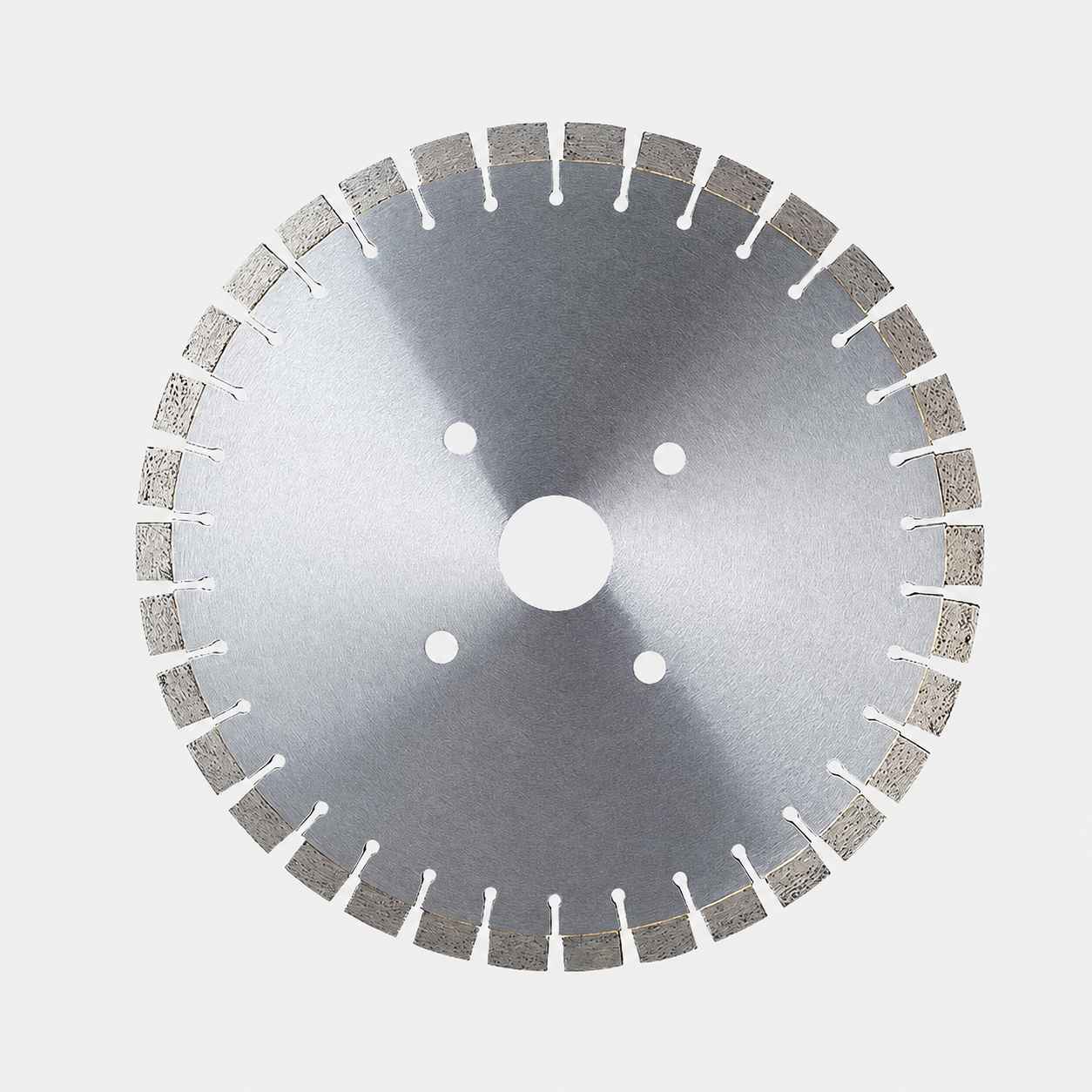 Segmented diamond saw blade showing narrow Keyslot or Keyhole gullets and multiple mounting holes