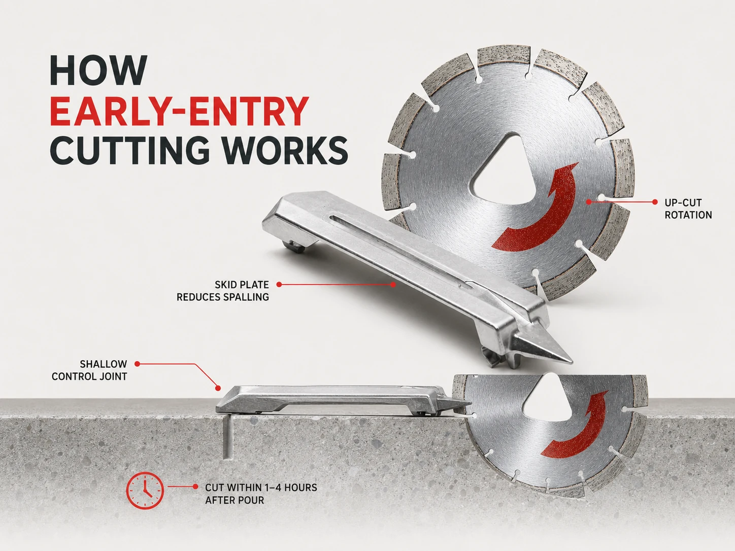 Early-Entry Concrete Cutting · Up-Cut Blade + Skid Plate — How early-entry cutting works — article hero
