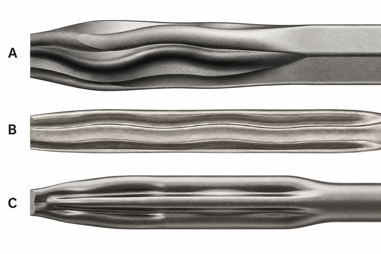 Unbranded close-up comparison of A broad waves, B slender waves and C straight channels