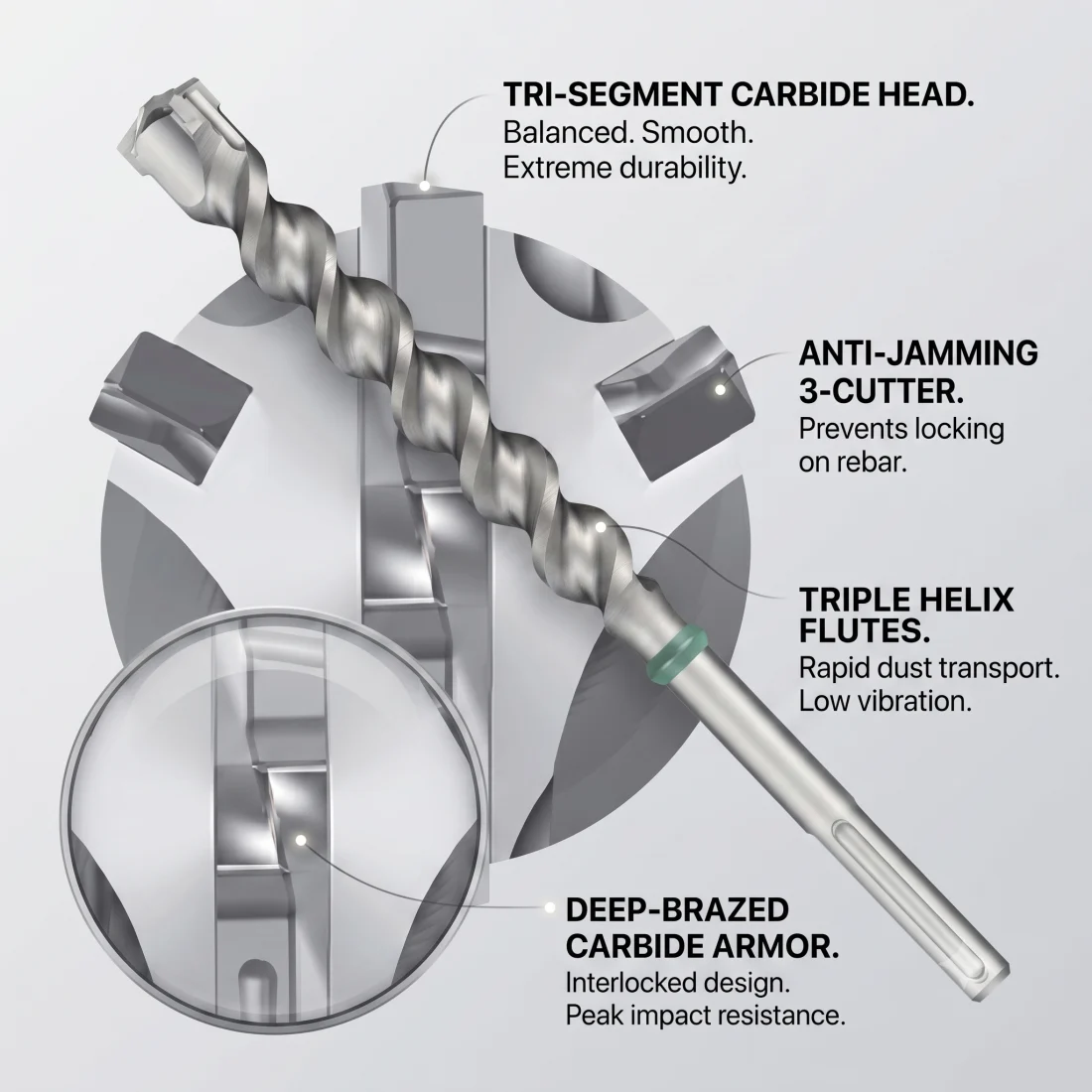 Y-Cutter (3-cutter) SDS-Max head — labeled callout: tri-segment carbide head, anti-jamming 3-cutter geometry, triple-helix flutes, and deep-brazed interlocked carbide armor