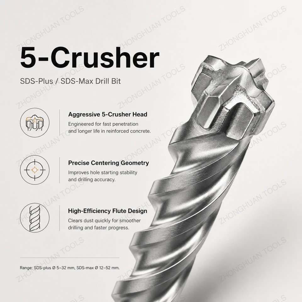 ZHPLUS-5S / ZHMAX-5S — SDS-Plus / SDS-Max. 5-Crusher-Geometrie: vier Hartmetallschneiden um einen zentralen Zentrierpunkt.