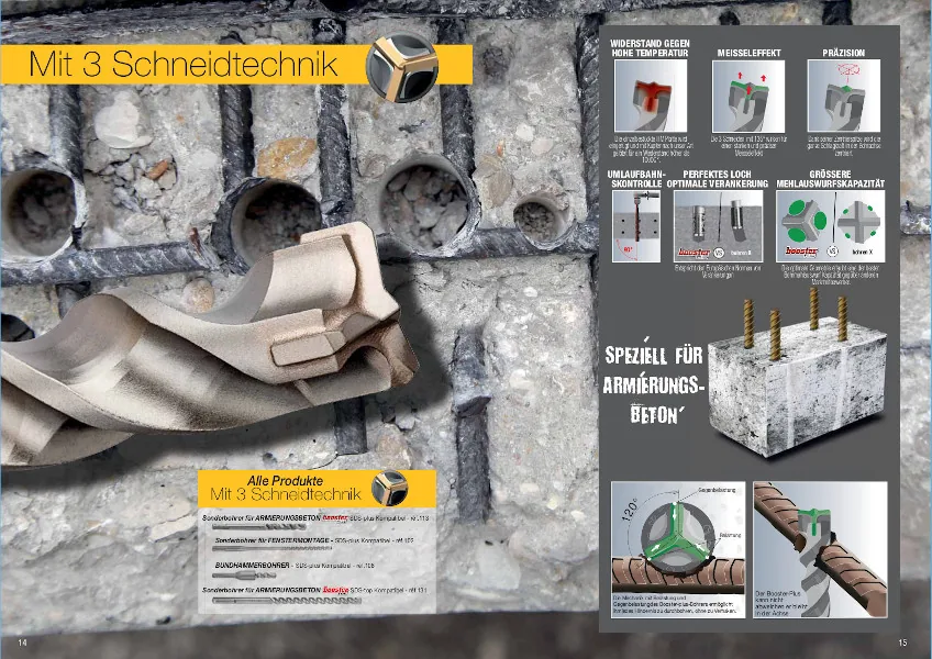 Original German Booster literature showing the head, reinforced-concrete application and dust-evacuation features.