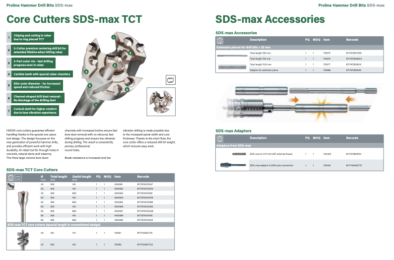 Doble página HiKOKI con herramientas TCT SDS-Max y accesorios