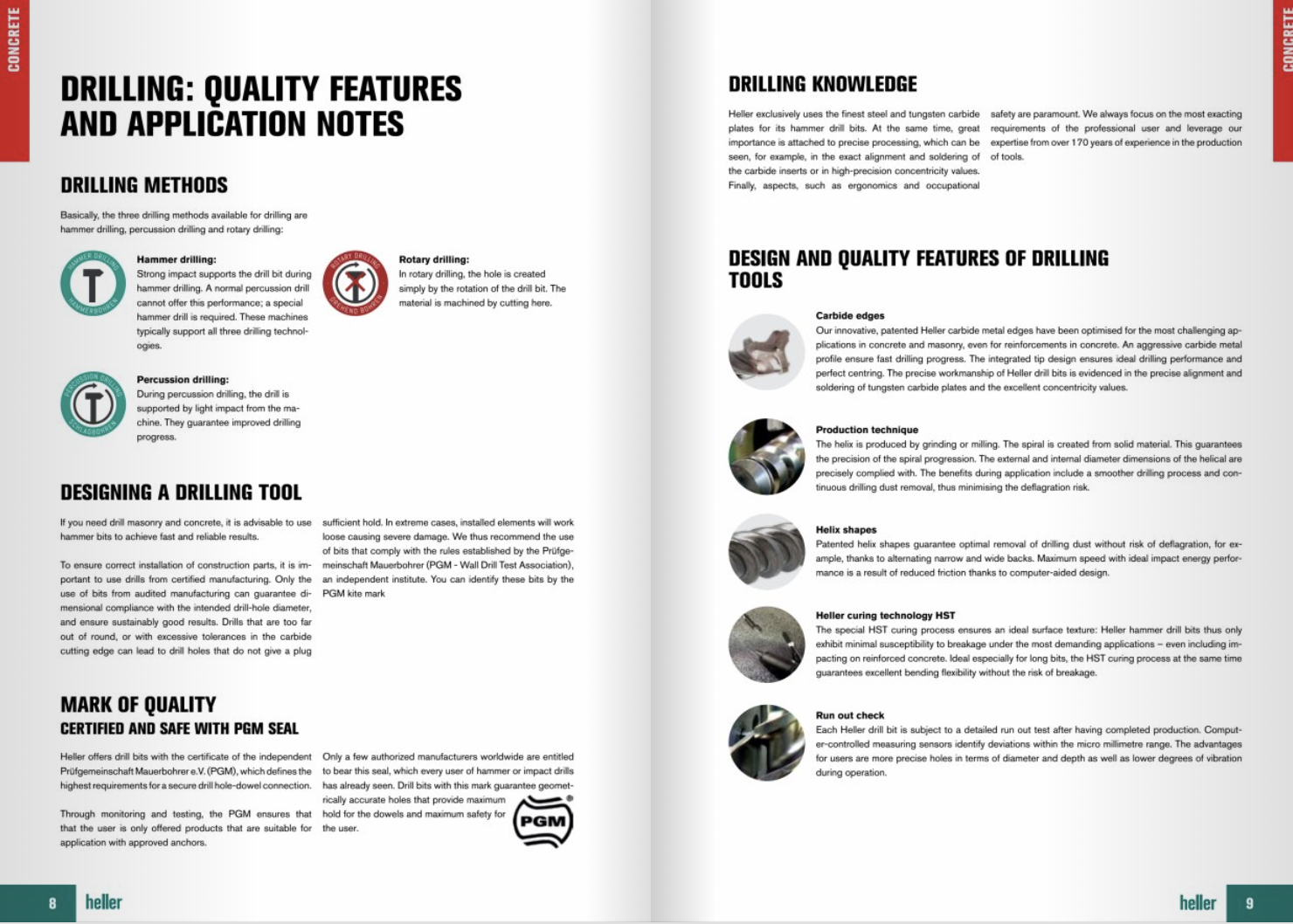 Heller 2025 catalogue, printed pages 8–9: drilling methods, PGM and manufacturing-quality features.