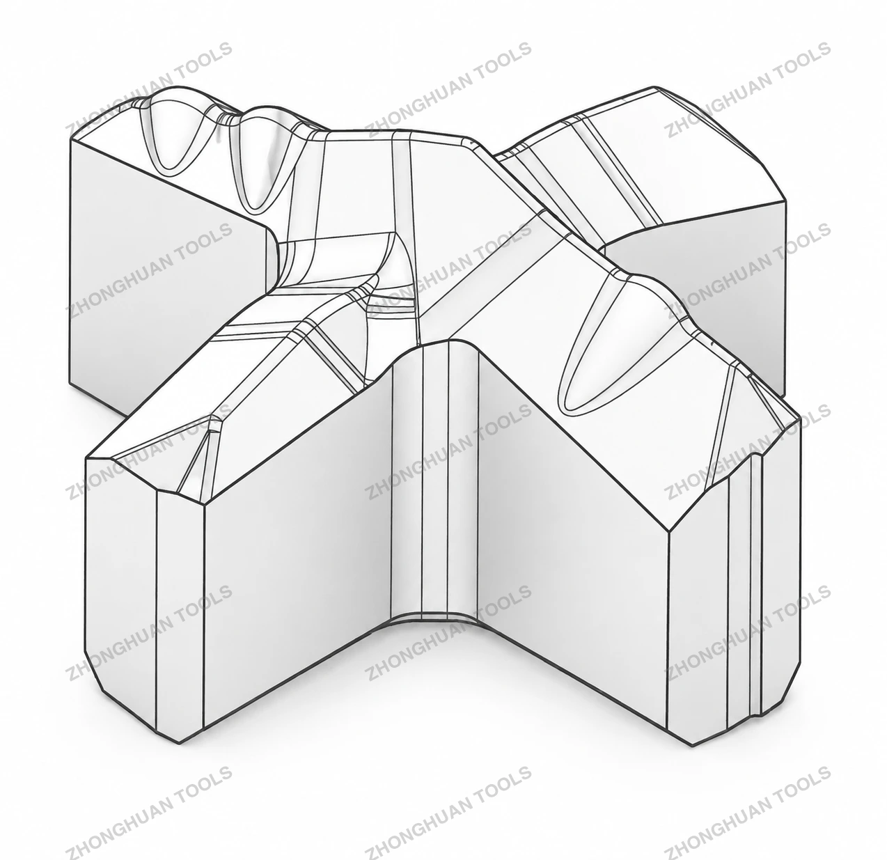 Gemeinsame 5S-Hartmetallkopf-Referenz: zentrale Positioniergeometrie und vier umliegende Arbeitsschneiden.