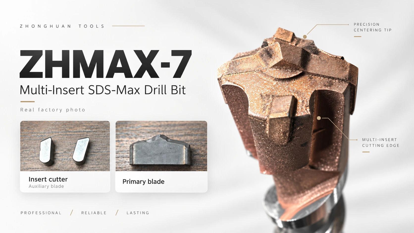 ZHMAX-7 · Our assembled ZHMAX-7 head alongside the primary carbide blade and two separate side inserts.