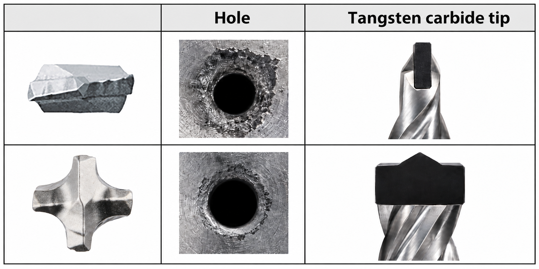 Originalvergleich von Zweischneider und Vierschneider mit Hartmetallkopf, Bohrungsprofil und Spitzenquerschnitt