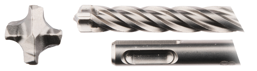 Makita B-58229 im Detail mit Vierschneiderkopf, Bohrwendeln und SDS-Plus-Schaft