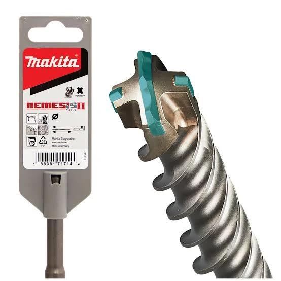 Makita-Nemesis-II-Verpackung neben einem Kopf mit Haupt- und Seiteneinsätzen