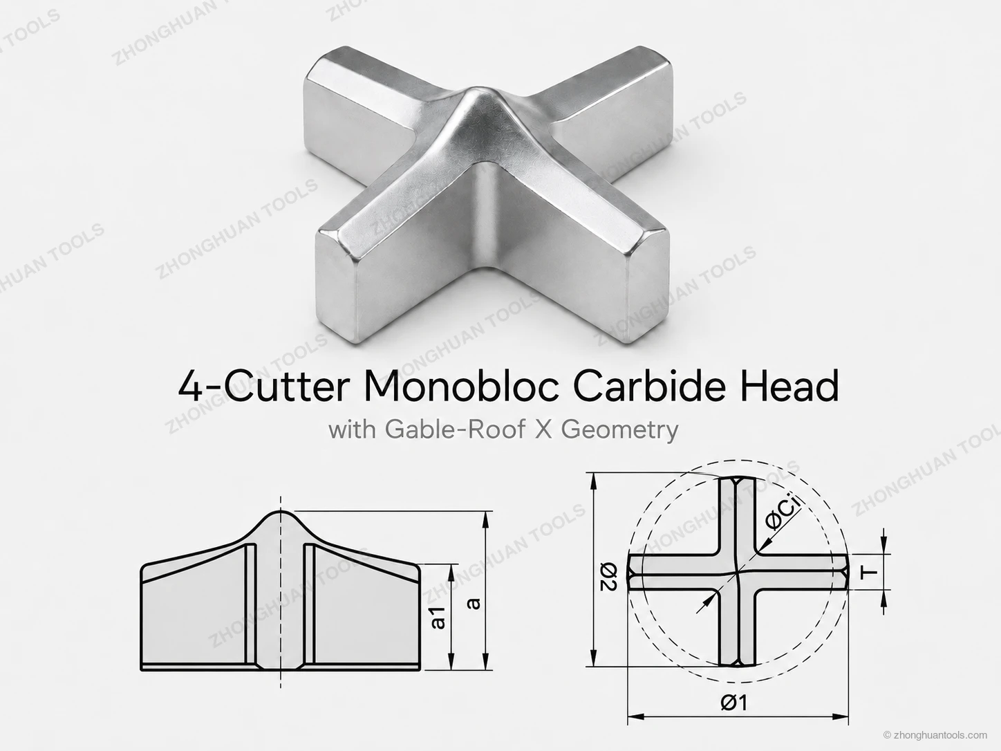 Zhonghuan Monobloc-X-4-Schneider-Hartmetallkopf, CT4-Giebeldach-Profil, bemaßt nach der CERATIZIT-CT4-Serienzeichnung