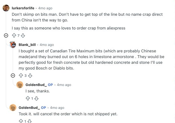 Reddit 评论警告不要买中国无名 SDS 钻头,并称一套疑似中国制造的钻头在石灰岩上六个孔就烧掉