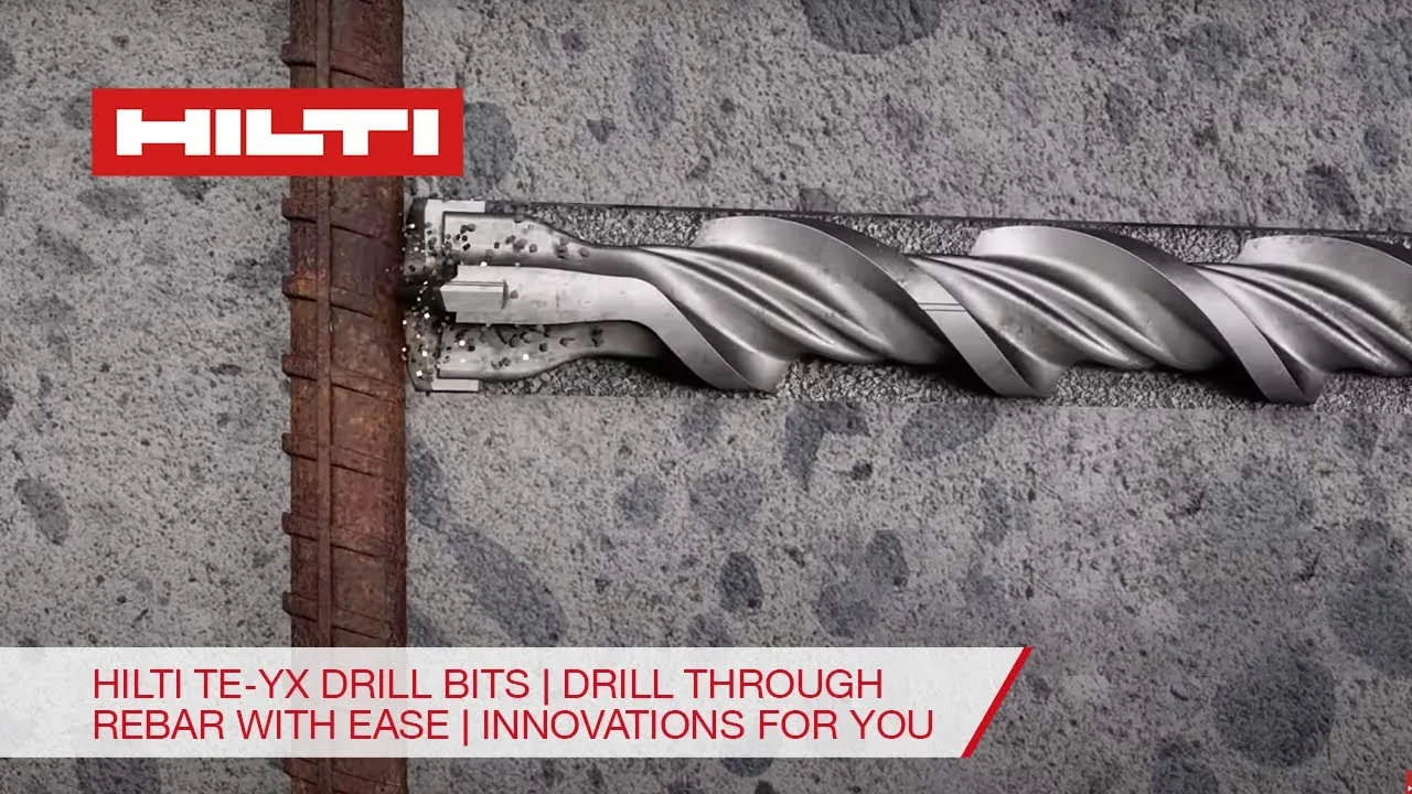 Foret SDS-Max à tête carbure monobloc Hilti TE-YX traversant une armature dans le béton