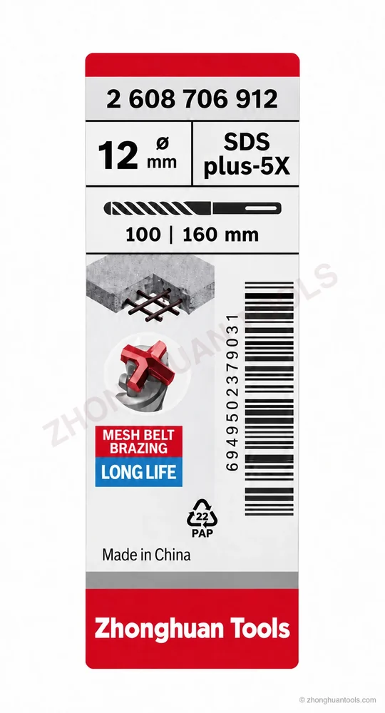 SDS-Plus 5X packaging-label artwork example showing a 12 by 160 mm drill bit
