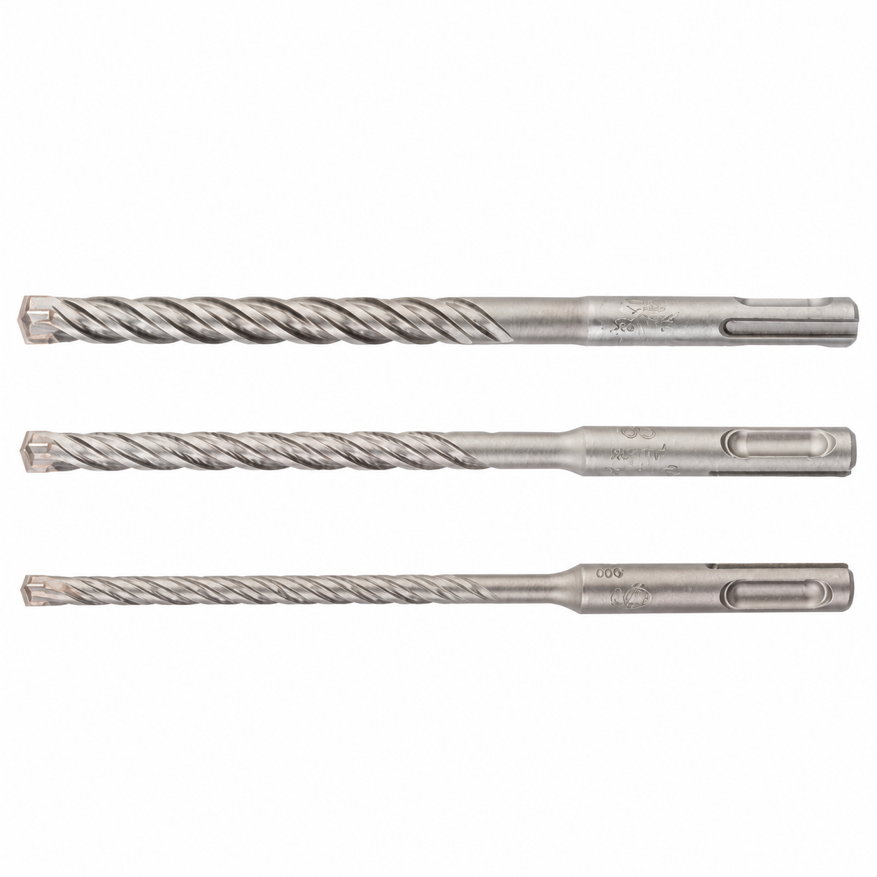 Zhonghuan 4-Cutter 5X SDS-Plus drill bits shown in three lengths